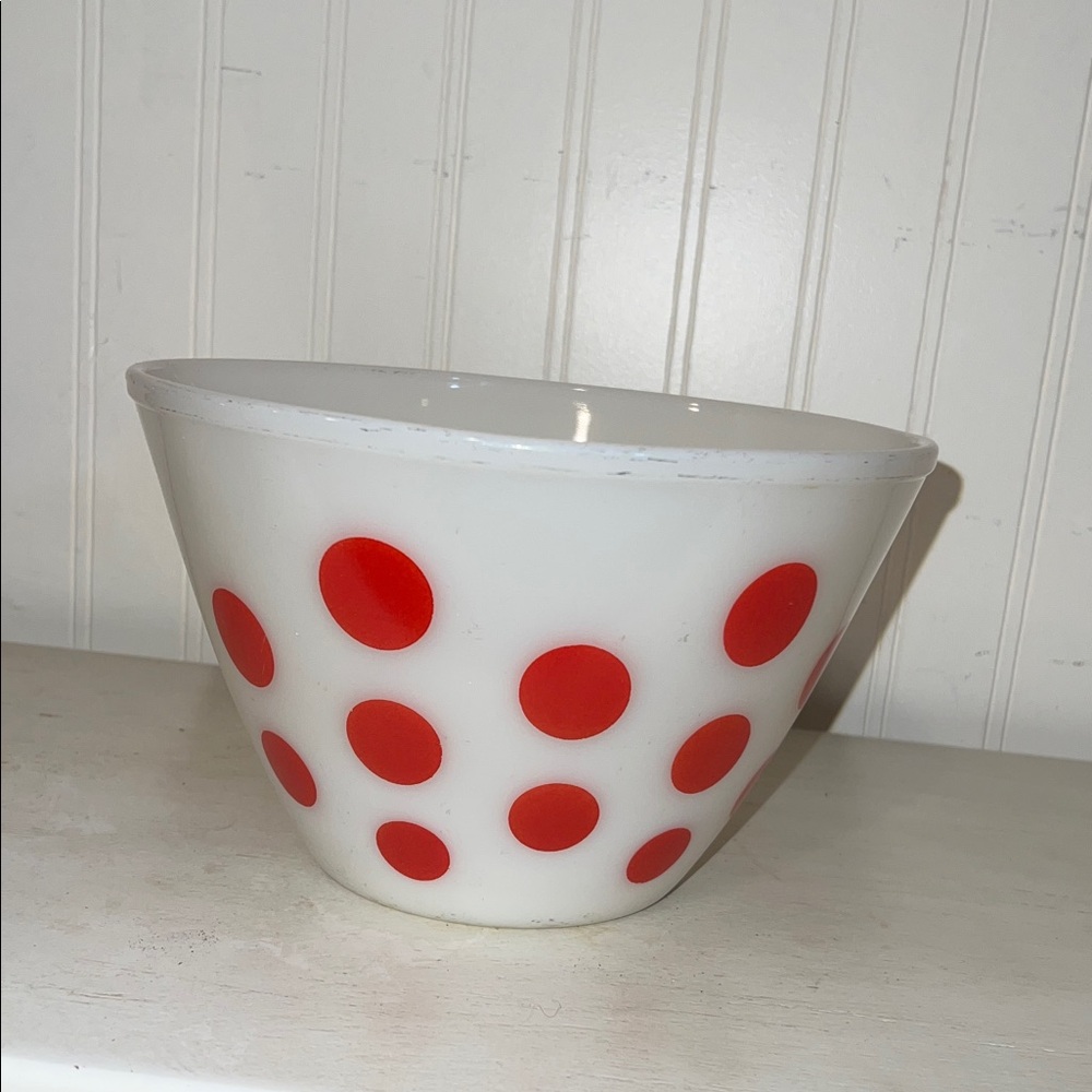 Vintage Fire King Oven Ware Polka Dot mixing bowl 5.5” x 8.5”